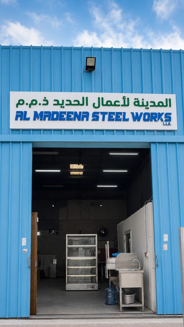 Al Madeena Steel Works workshop entrance, Mussafah Industrial Area, Abu Dhabi